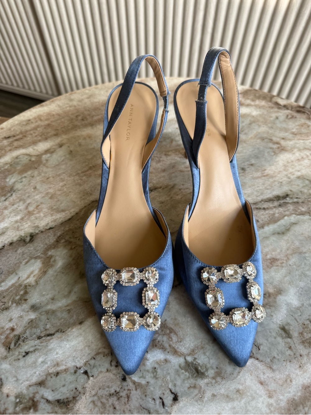 Ann Taylor Blue Satin jeweled Slingback Crystal Buckle Pointed 7.5